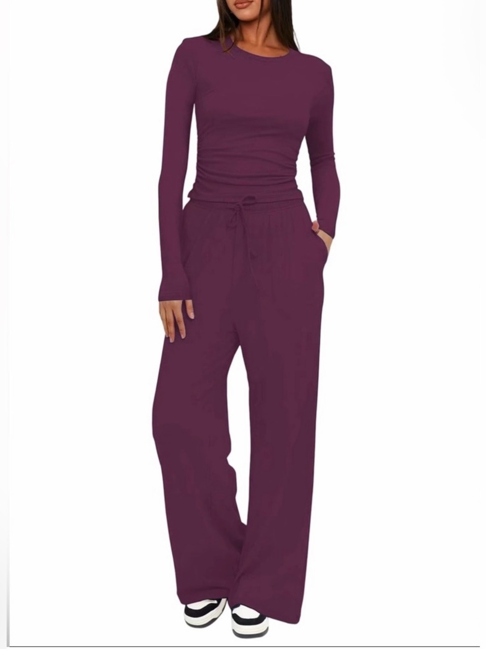 Loungewear Set Boutique Cozy Rosy Red Burgundy Wide Leg Knit Pants Size M NWT
